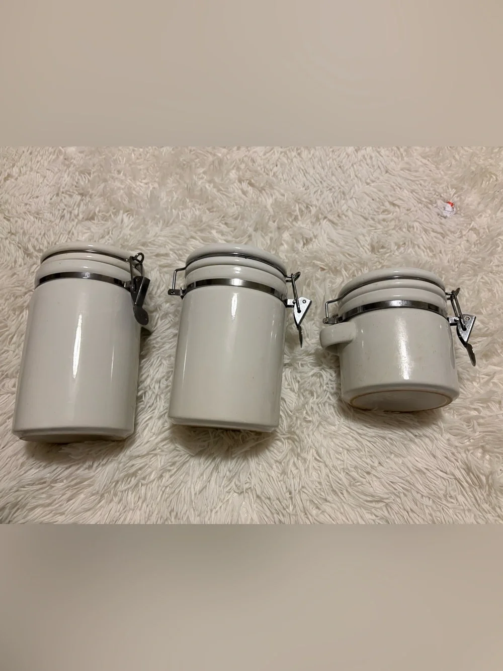 White Ceramic Airtight Canister with Metal Clamp Lid - Set of 3